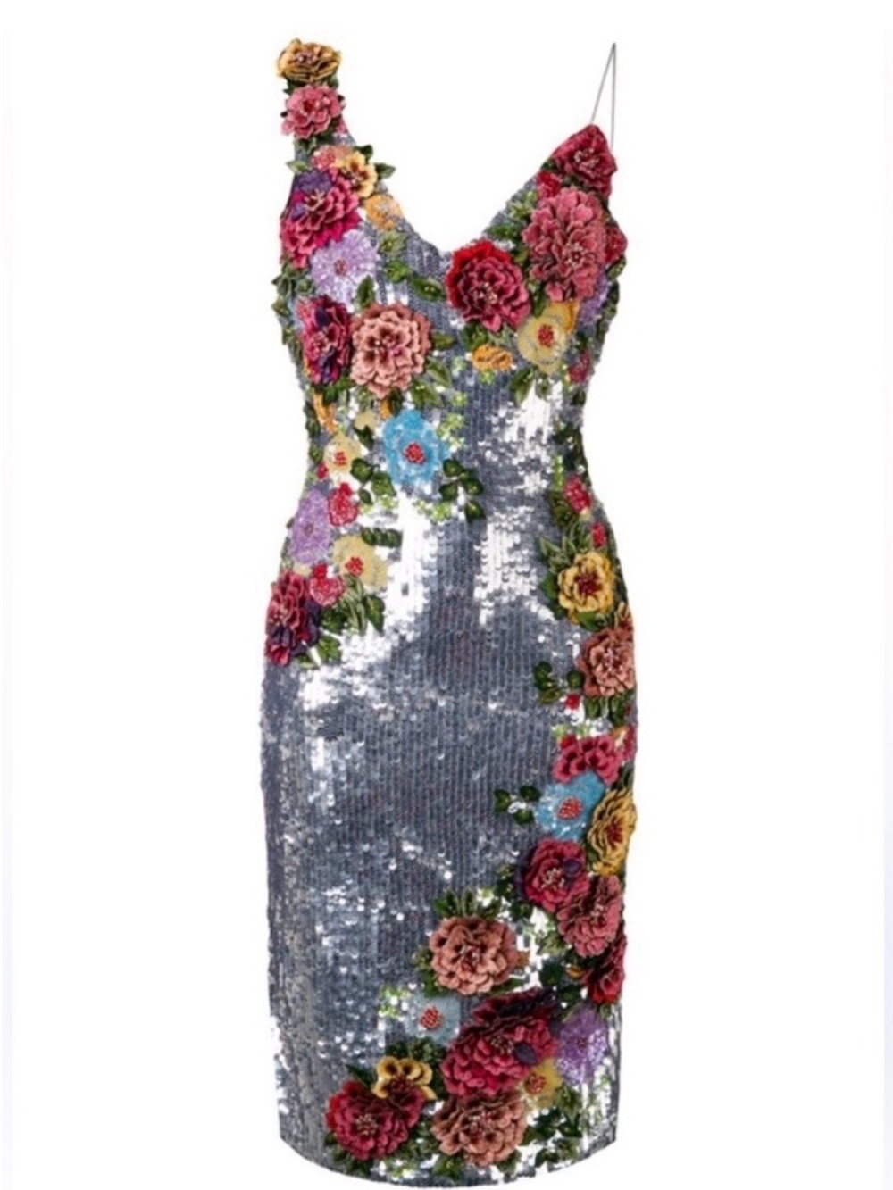 Alice & Olivia Silver Sequin Floral Appliqué Slip Dress - Picture 2 of 4